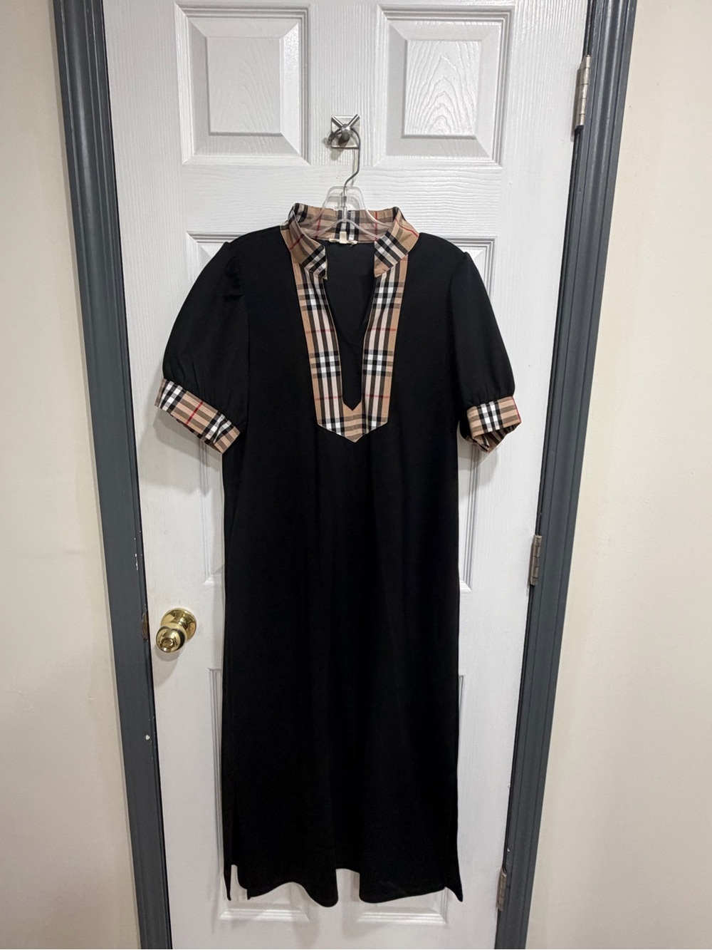 Boutique Black Dress with Plaid Trim Collar and Cuffs